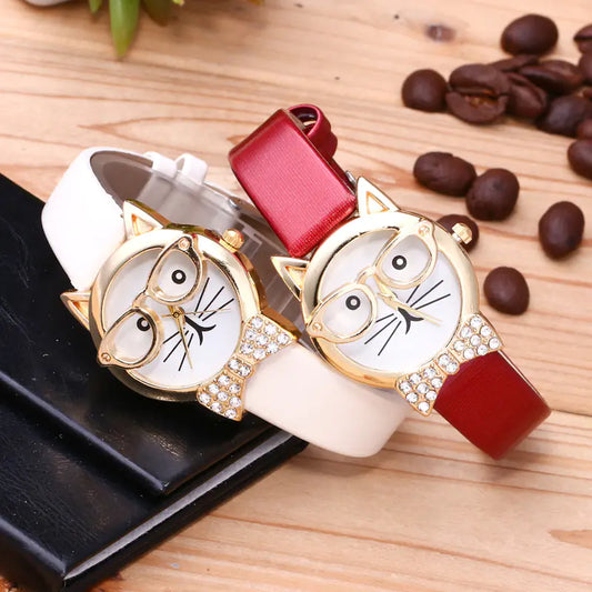 Cat Face Kids Watch with Cartoon Design and Leather Band