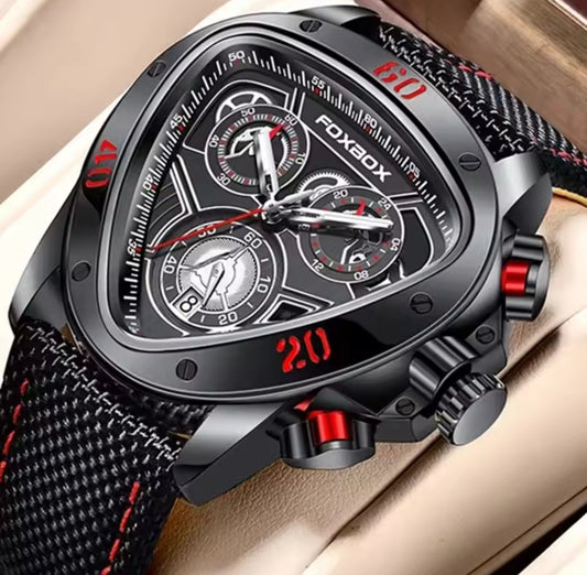FOXBOX Fashion Luxury Quartz Man Watch Creative Big Dial Chronograph Nylon Strap Casual Sport Triangle Men's Watches Date Clocks