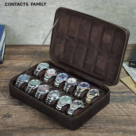 Vintage Handmade Leather Watch Box for 12 Watches