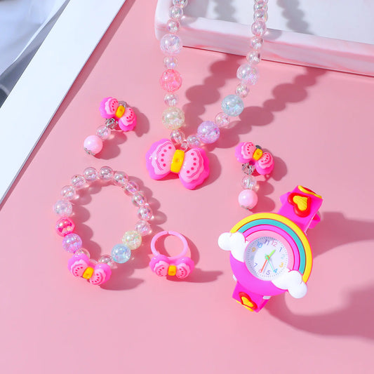 Children's new rainbow cartoon pattern silicone quartz watch & Jewellery Set for girls and students