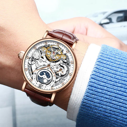 Elegant Swiss Mechanical Men's Watch, Dual Time