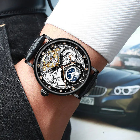 Elegant Swiss Mechanical Men's Watch, Dual Time